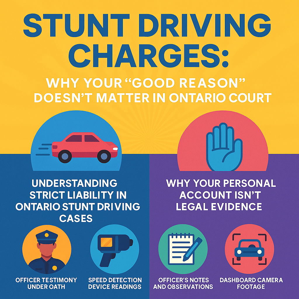 Legal representative Jon Cohen explains why strict liability means your explanation doesn't matter in stunt driving cases and what evidence actually determines outcomes in Ontario courts - infographic
